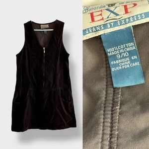 Vintage 90s Y2K EXP Express Velvet Jumper Dress Chocolate Brown Front Pockets
